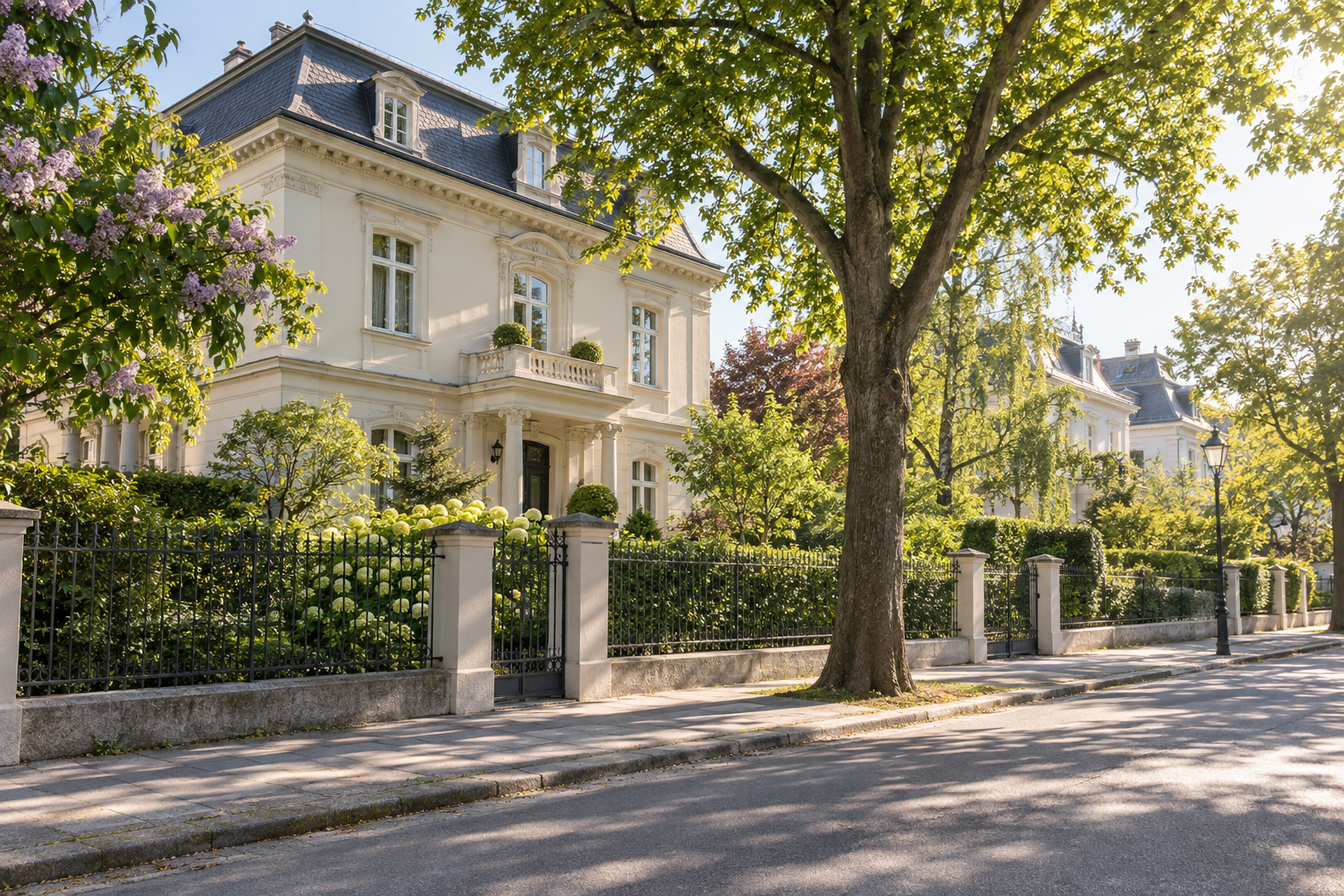 Town villa with a light plastered facade, mansard roof and garden