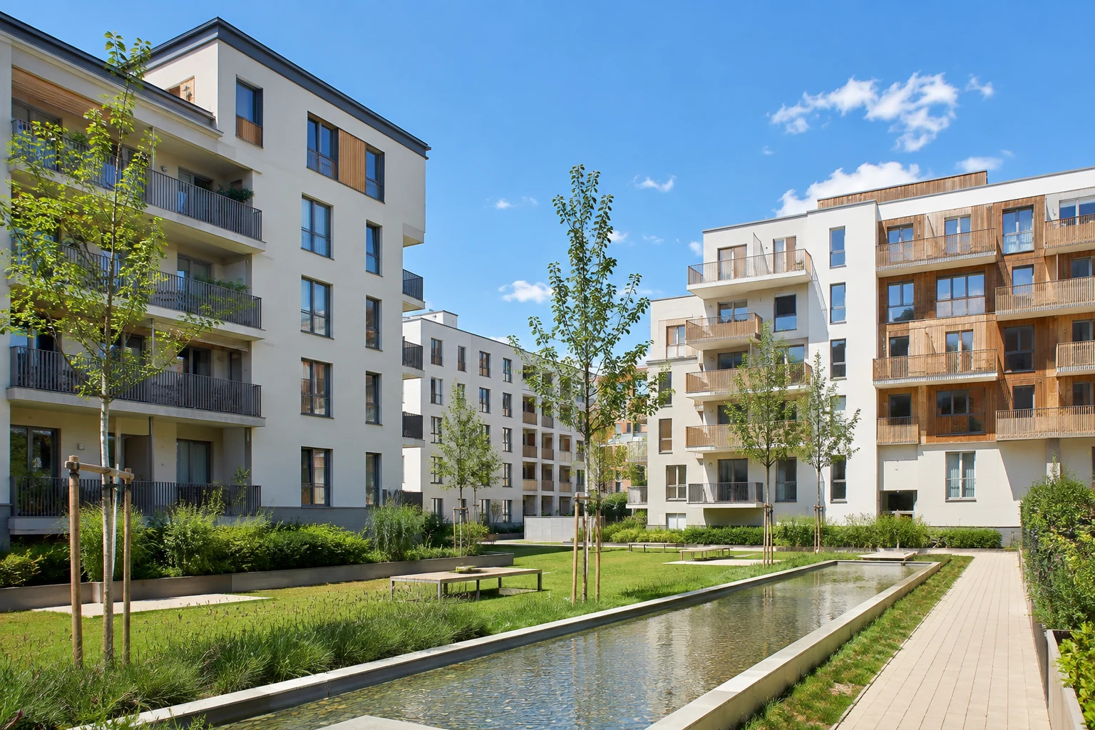 Modernes österreichisches Wohnquartier mit begrüntem Innenhof und Wasserfläche
