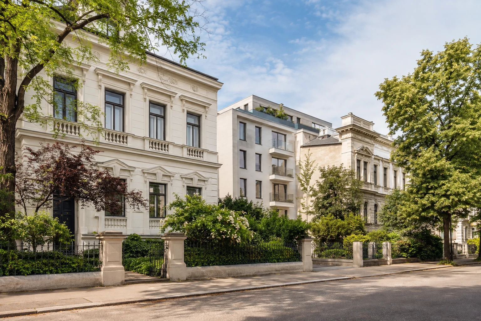 Gepflegte Wiener Wohnhäuser neben einem modernen Wohngebäude in einer grünen Straße